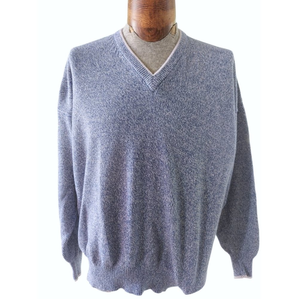 TUTTLE GOLF Men's Blue & White Marled V-Neck Cotton Sweater Size 2XL
